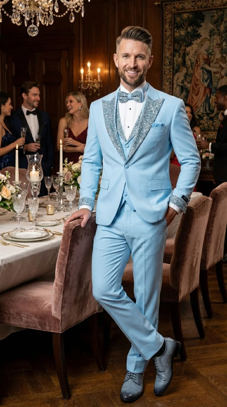 Mens Light Blue 3 Piece Prom Tuxedo – Sky Blue Formal Suit with Sequin Lapel Wedding Party Tuxedo Set in Baby Blue - Image 11