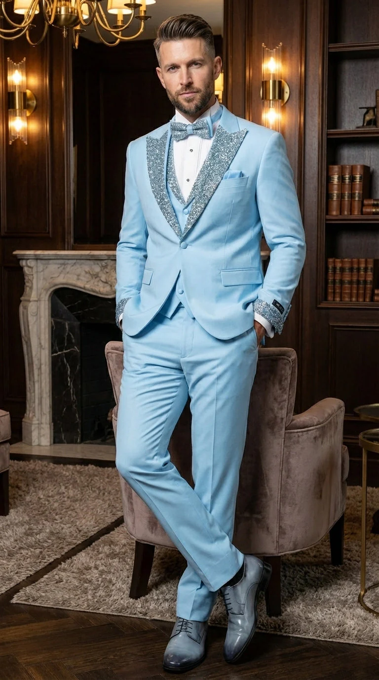 Mens Light Blue 3 Piece Prom Tuxedo – Sky Blue Formal Suit with Sequin Lapel Wedding Party Tuxedo Set in Baby Blue - Image 12