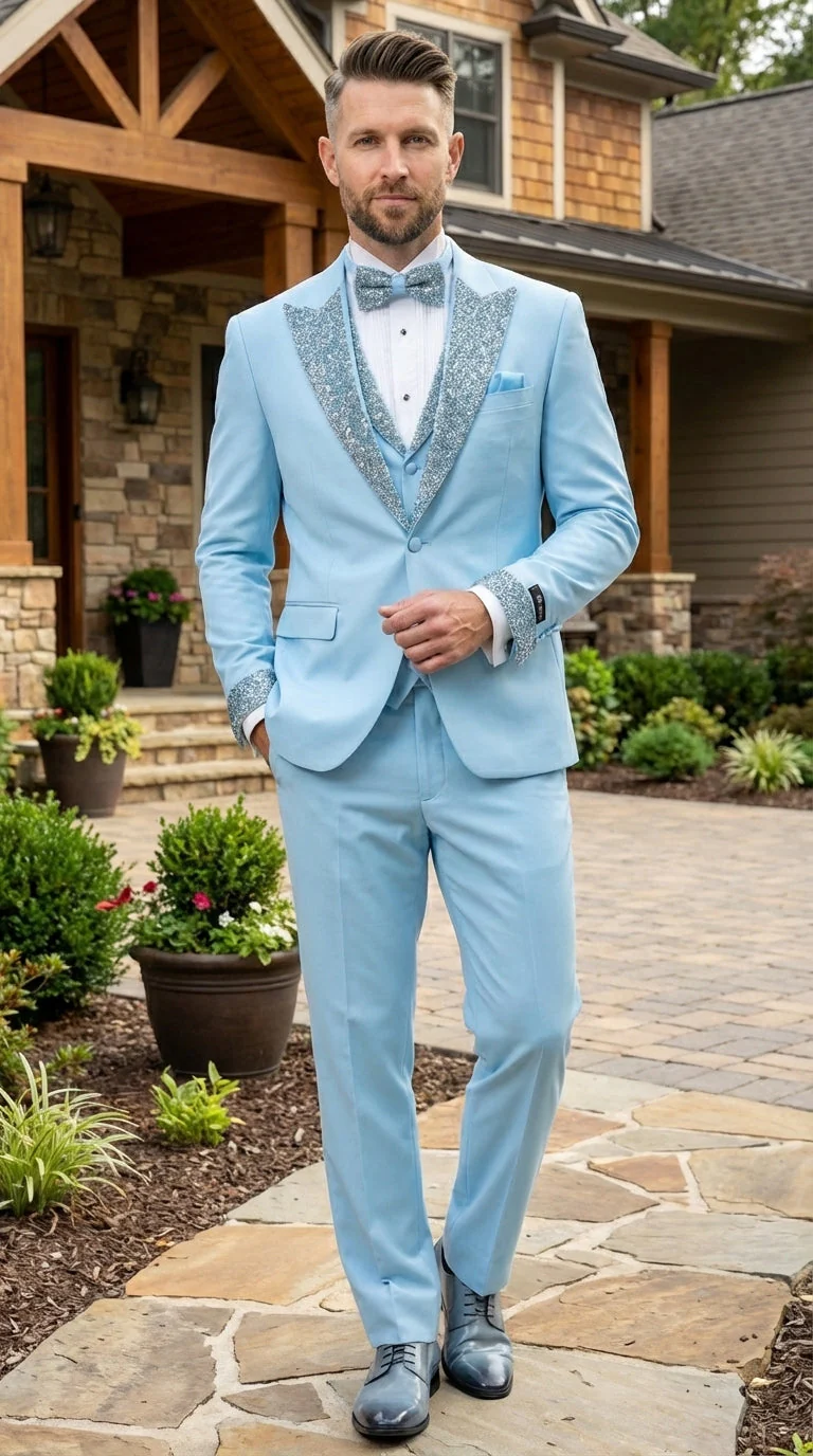 Mens Light Blue 3 Piece Prom Tuxedo – Sky Blue Formal Suit with Sequin Lapel Wedding Party Tuxedo Set in Baby Blue - Image 13