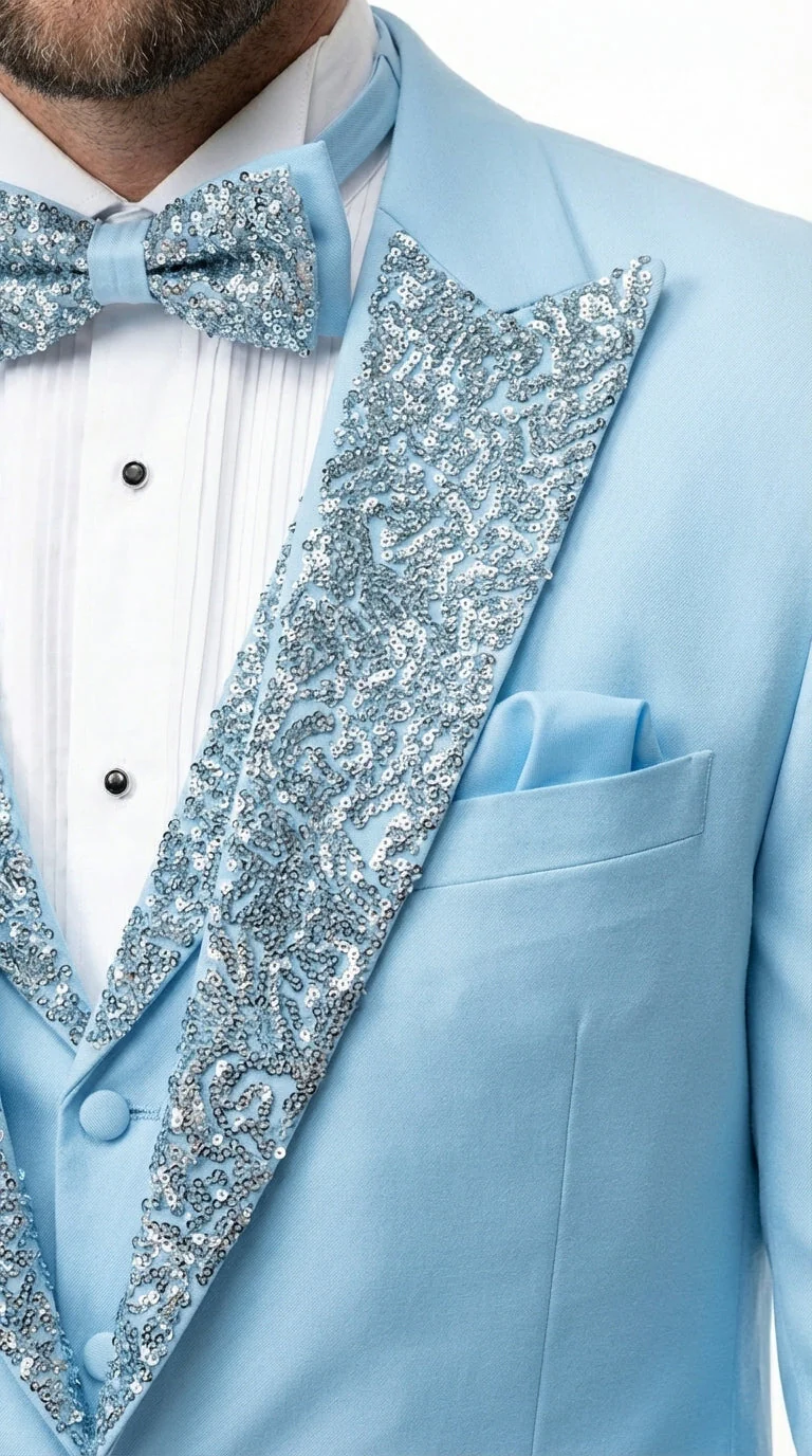Mens Light Blue 3 Piece Prom Tuxedo – Sky Blue Formal Suit with Sequin Lapel Wedding Party Tuxedo Set in Baby Blue - Image 16