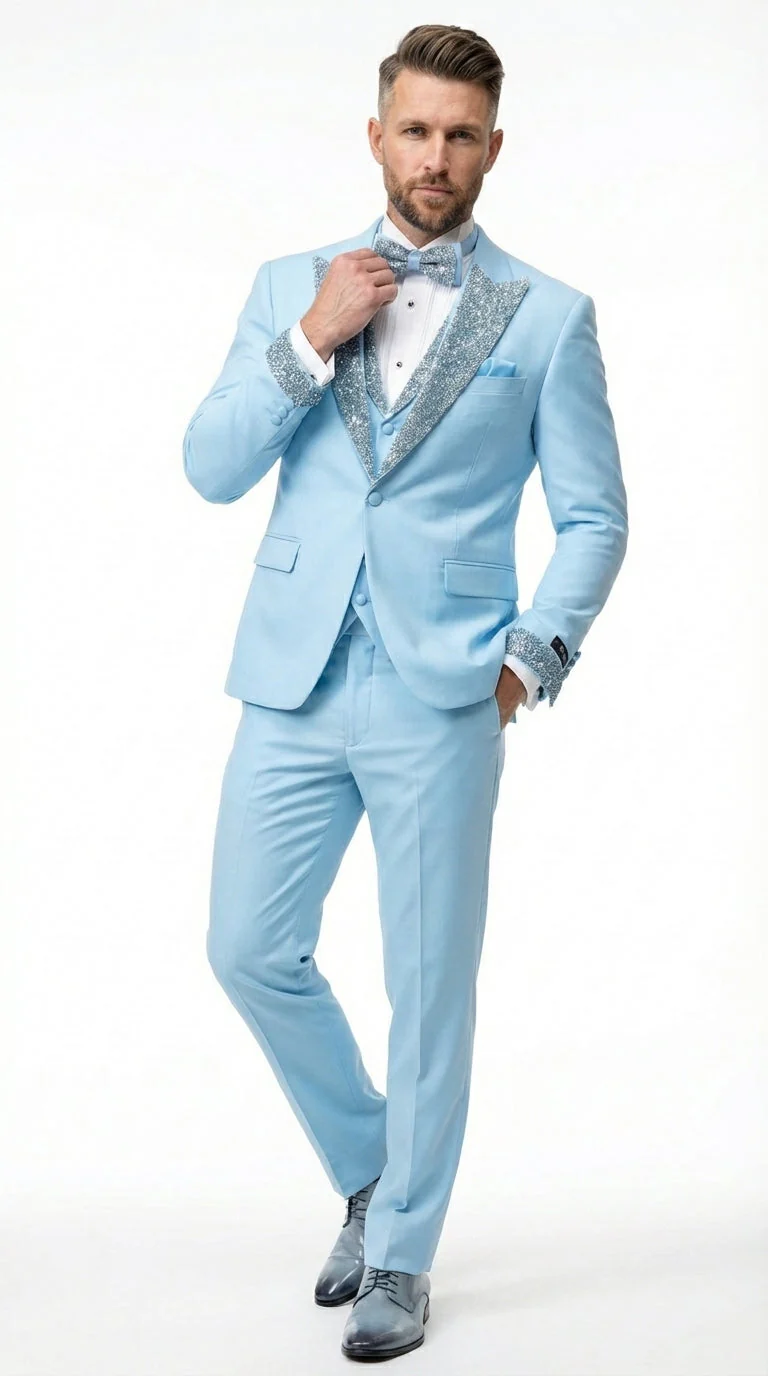 Mens Light Blue 3 Piece Prom Tuxedo – Sky Blue Formal Suit with Sequin Lapel Wedding Party Tuxedo Set in Baby Blue - Image 3