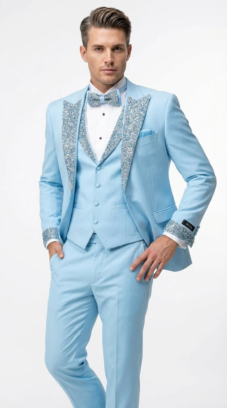 Mens Light Blue 3 Piece Prom Tuxedo – Sky Blue Formal Suit with Sequin Lapel Wedding Party Tuxedo Set in Baby Blue - Image 4
