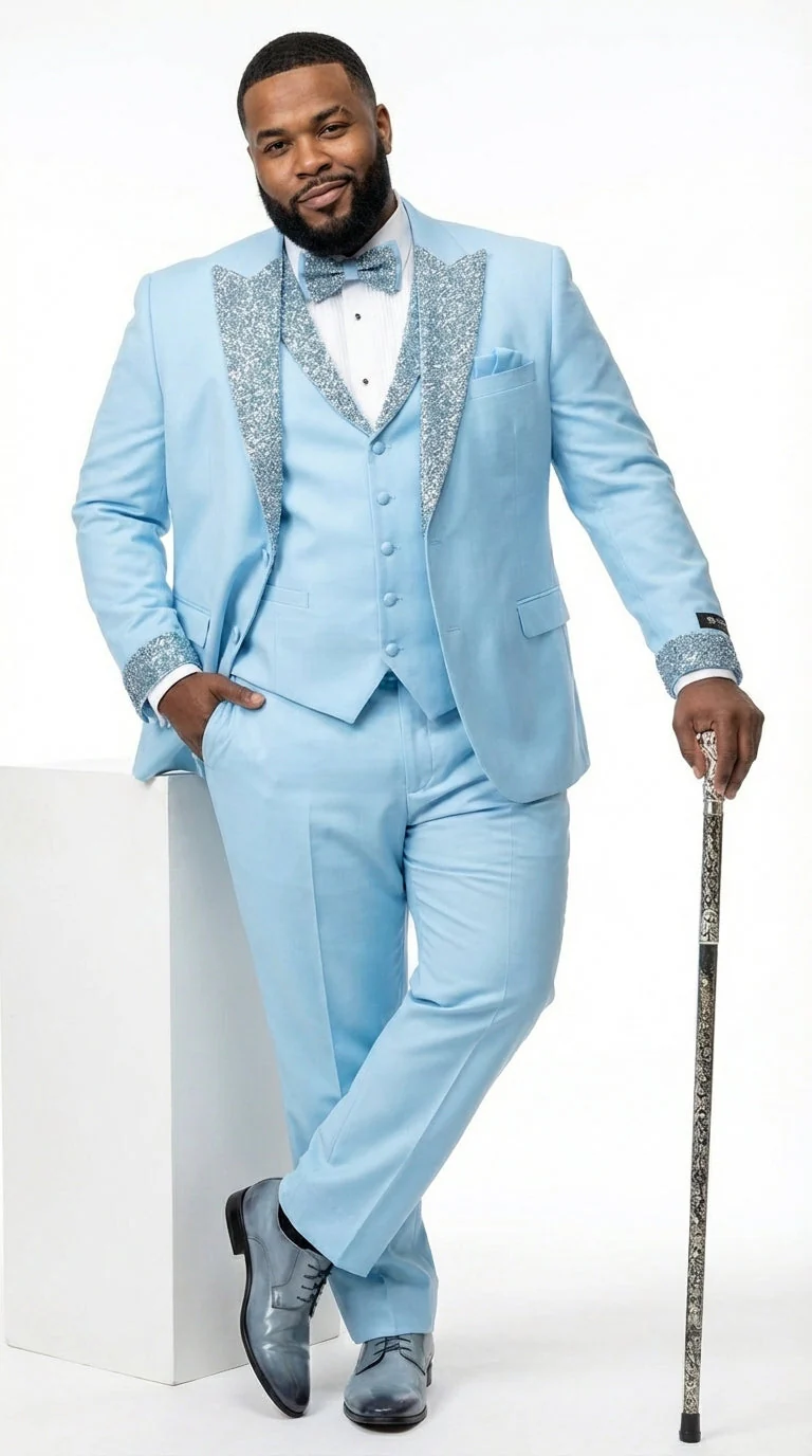 Mens Light Blue 3 Piece Prom Tuxedo – Sky Blue Formal Suit with Sequin Lapel Wedding Party Tuxedo Set in Baby Blue - Image 7