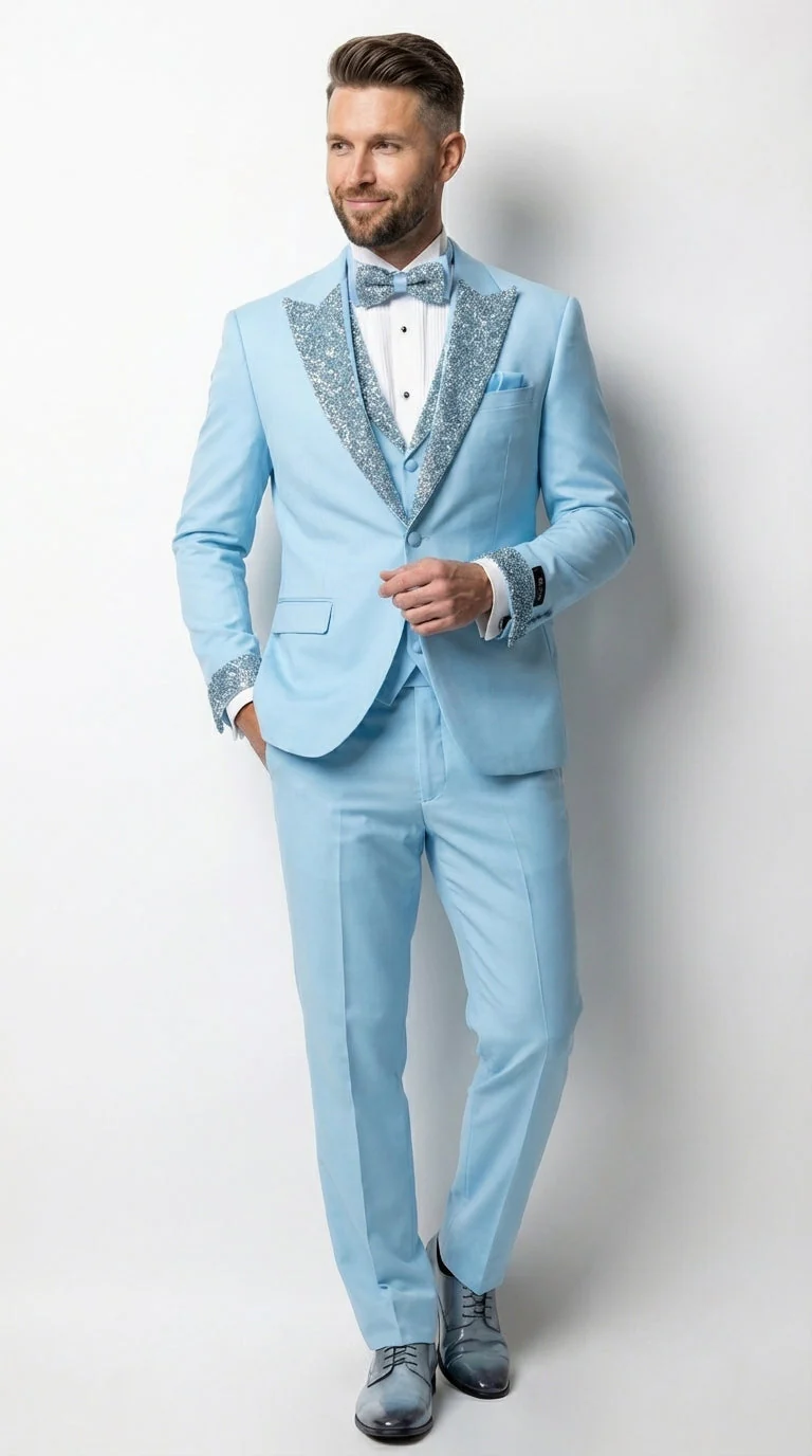 Mens Light Blue 3 Piece Prom Tuxedo – Sky Blue Formal Suit with Sequin Lapel Wedding Party Tuxedo Set in Baby Blue - Image 8