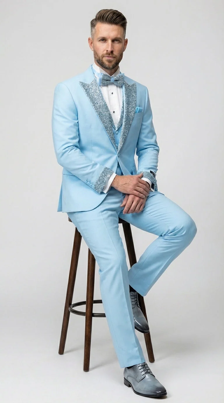 Mens Light Blue 3 Piece Prom Tuxedo – Sky Blue Formal Suit with Sequin Lapel Wedding Party Tuxedo Set in Baby Blue - Image 9