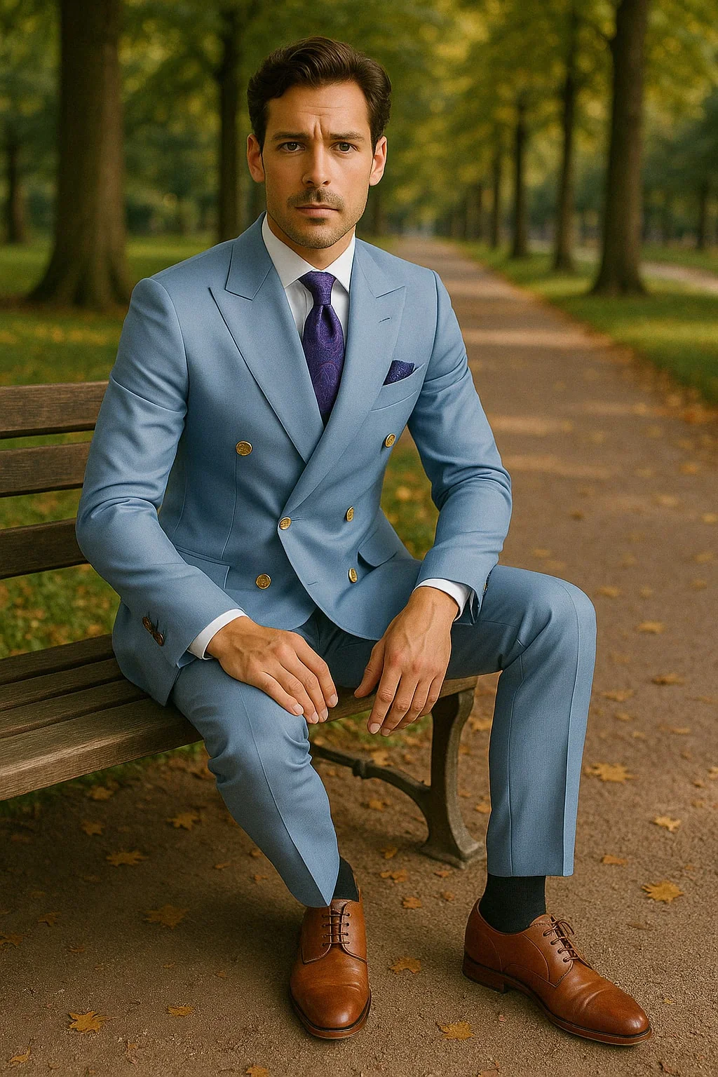 Mens Light Blue Double-Breasted Suits with Gold Button Slim Fit 2-Piece Formal Set in Sky Blue Color - Image 3