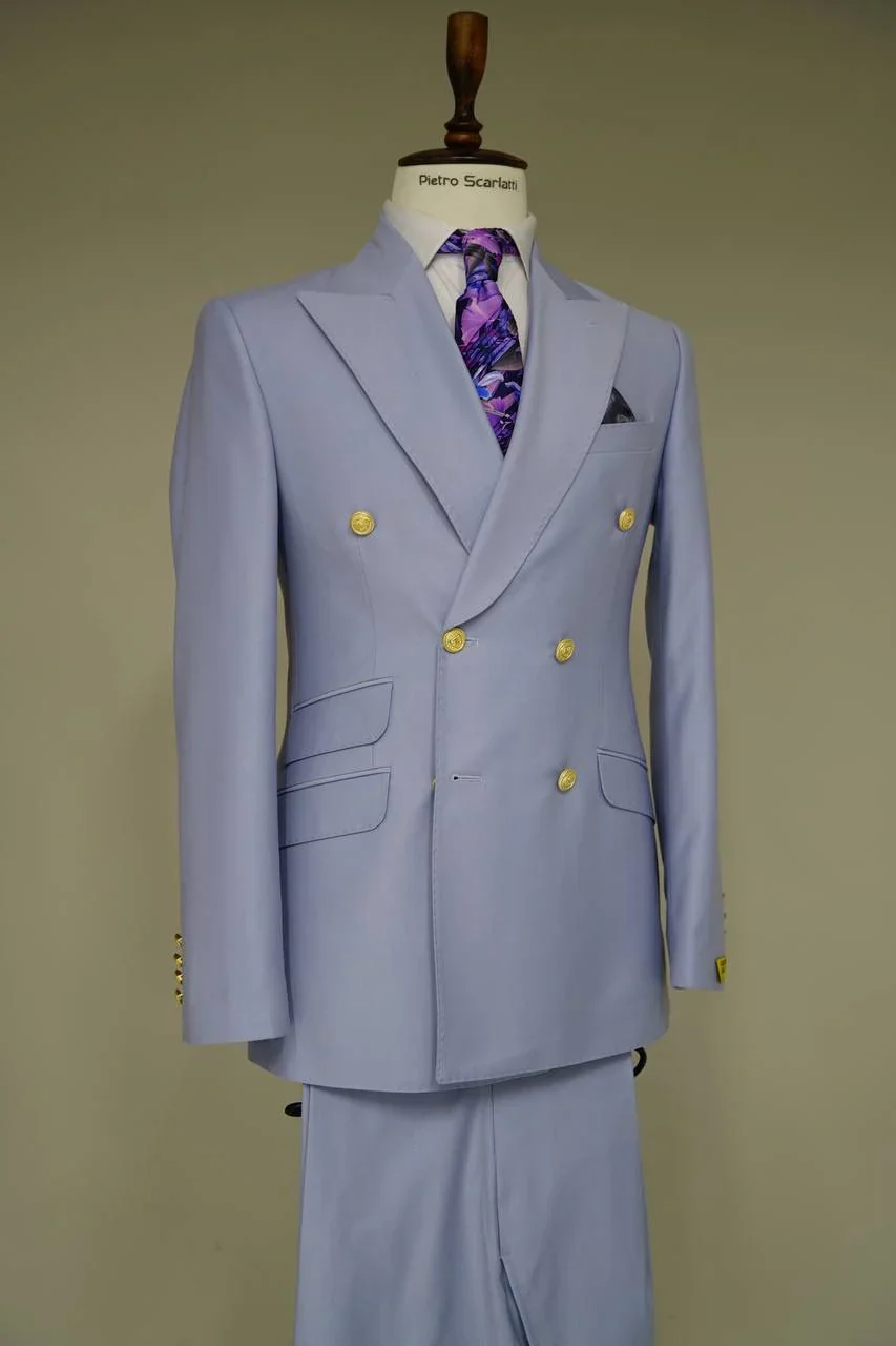 Mens Light Blue Double-Breasted Suits with Gold Button Slim Fit 2-Piece Formal Set in Sky Blue Color - Image 4