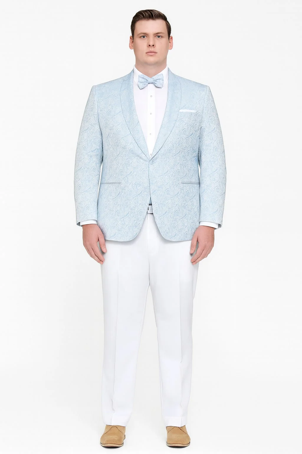 Mens Light Blue Paisley Tuxedo Jacket with Matching Bow Tie – Slim Fit Blazer for Weddings, Prom, and Formal Events - Image 5