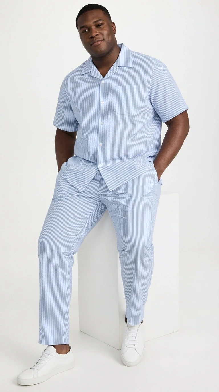 Mens Light Blue Seersucker Walking Suit Set – Casual Summer Short Sleeve Outfit with Matching Pants Lightweight Two Piece Set - Image 12