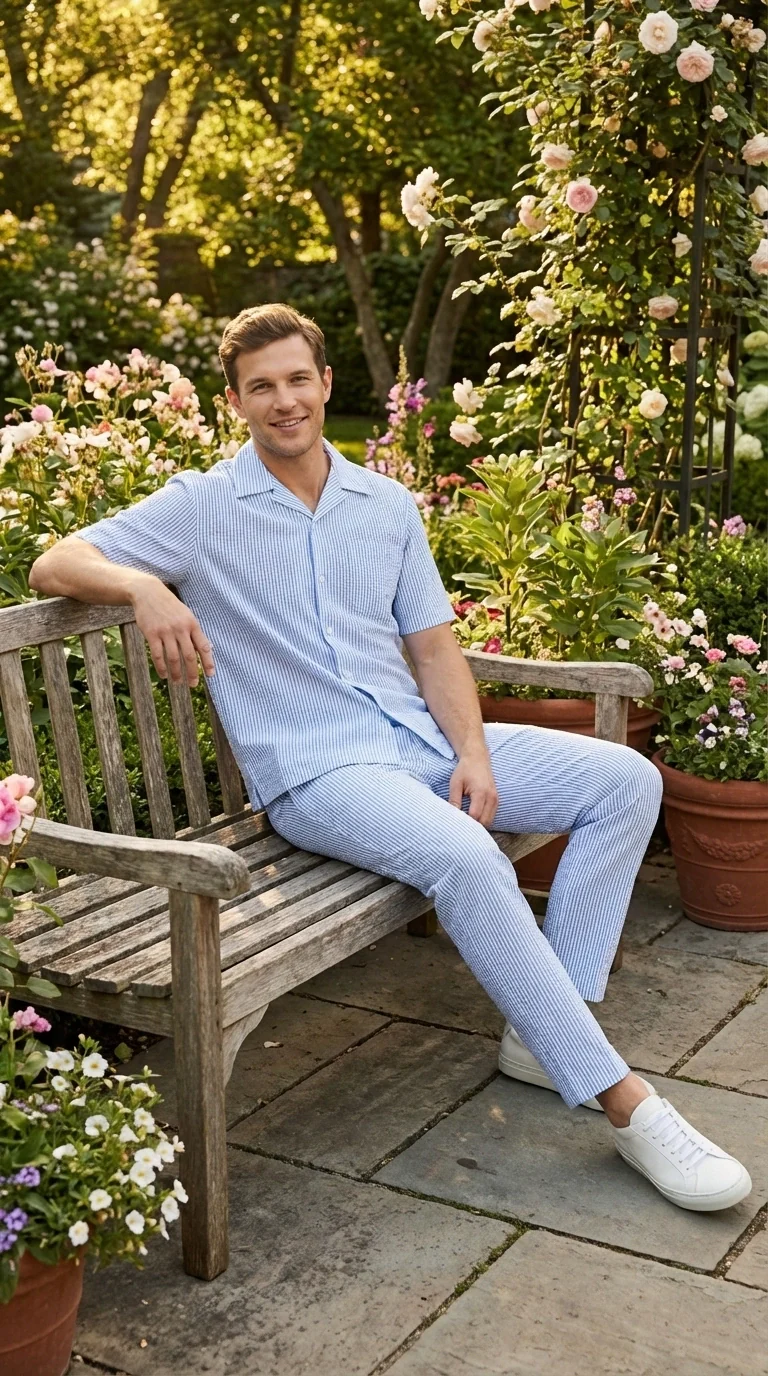 Mens Light Blue Seersucker Walking Suit Set – Casual Summer Short Sleeve Outfit with Matching Pants Lightweight Two Piece Set - Image 14