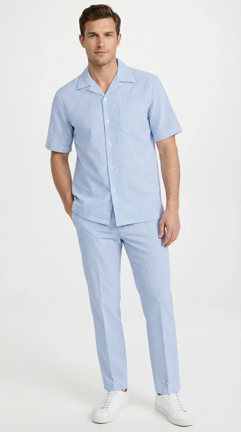 Mens Light Blue Seersucker Walking Suit Set – Casual Summer Short Sleeve Outfit with Matching Pants Lightweight Two Piece Set - Image 2