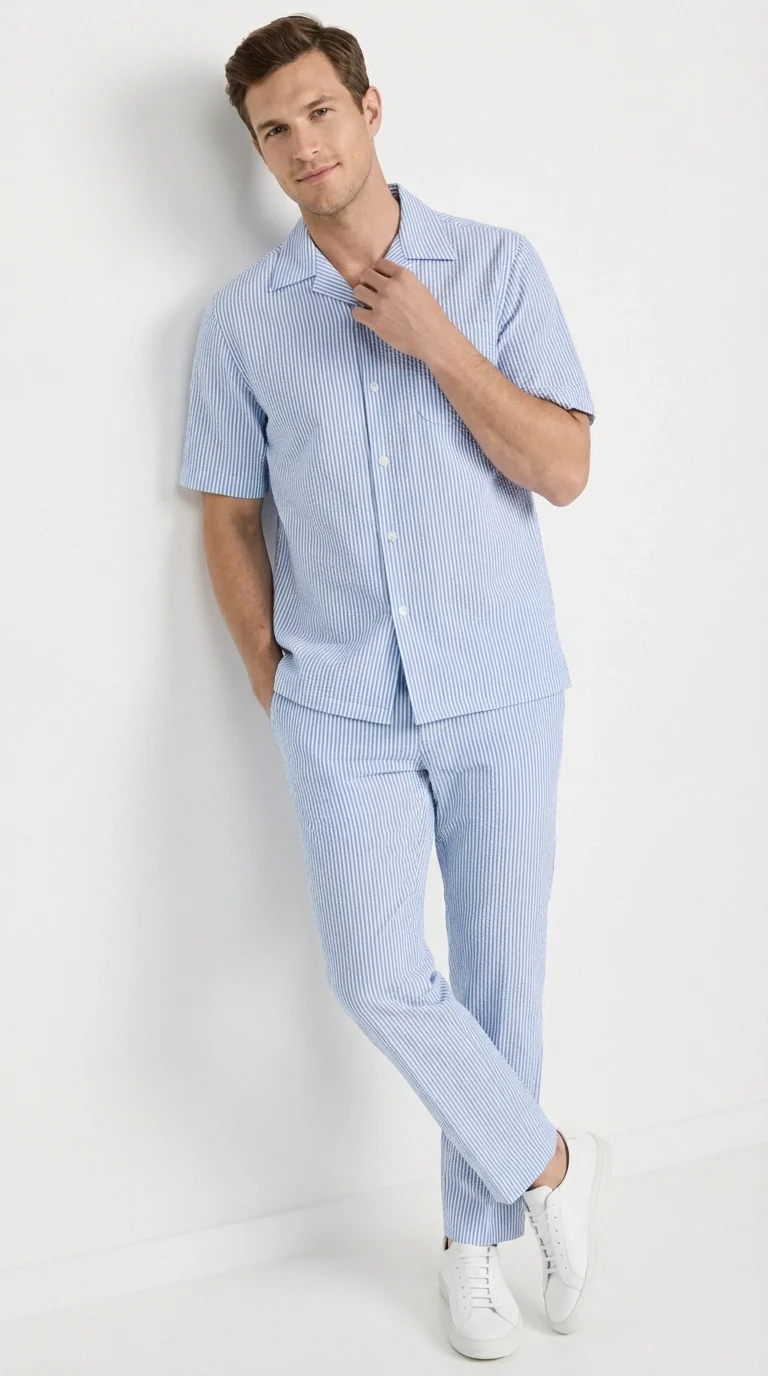 Mens Light Blue Seersucker Walking Suit Set – Casual Summer Short Sleeve Outfit with Matching Pants Lightweight Two Piece Set - Image 3