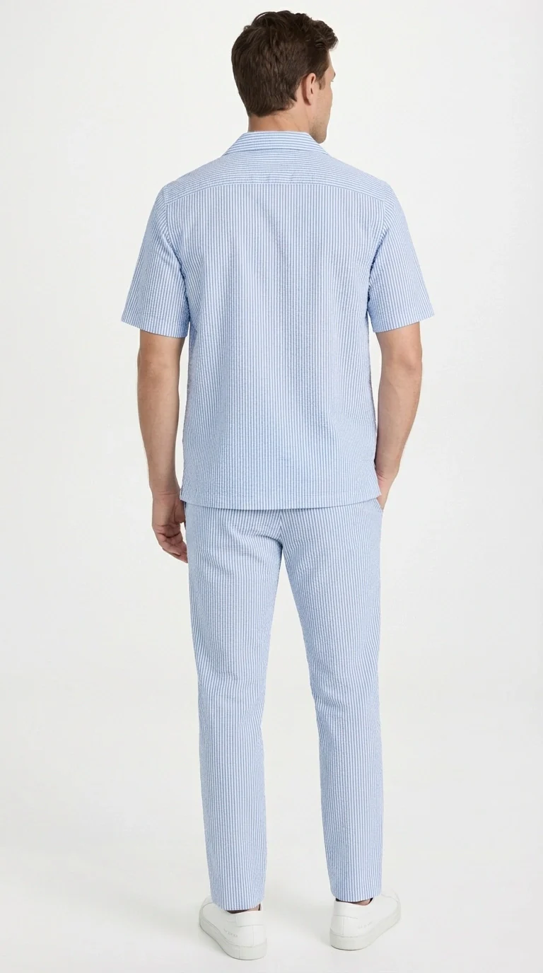 Mens Light Blue Seersucker Walking Suit Set – Casual Summer Short Sleeve Outfit with Matching Pants Lightweight Two Piece Set - Image 4