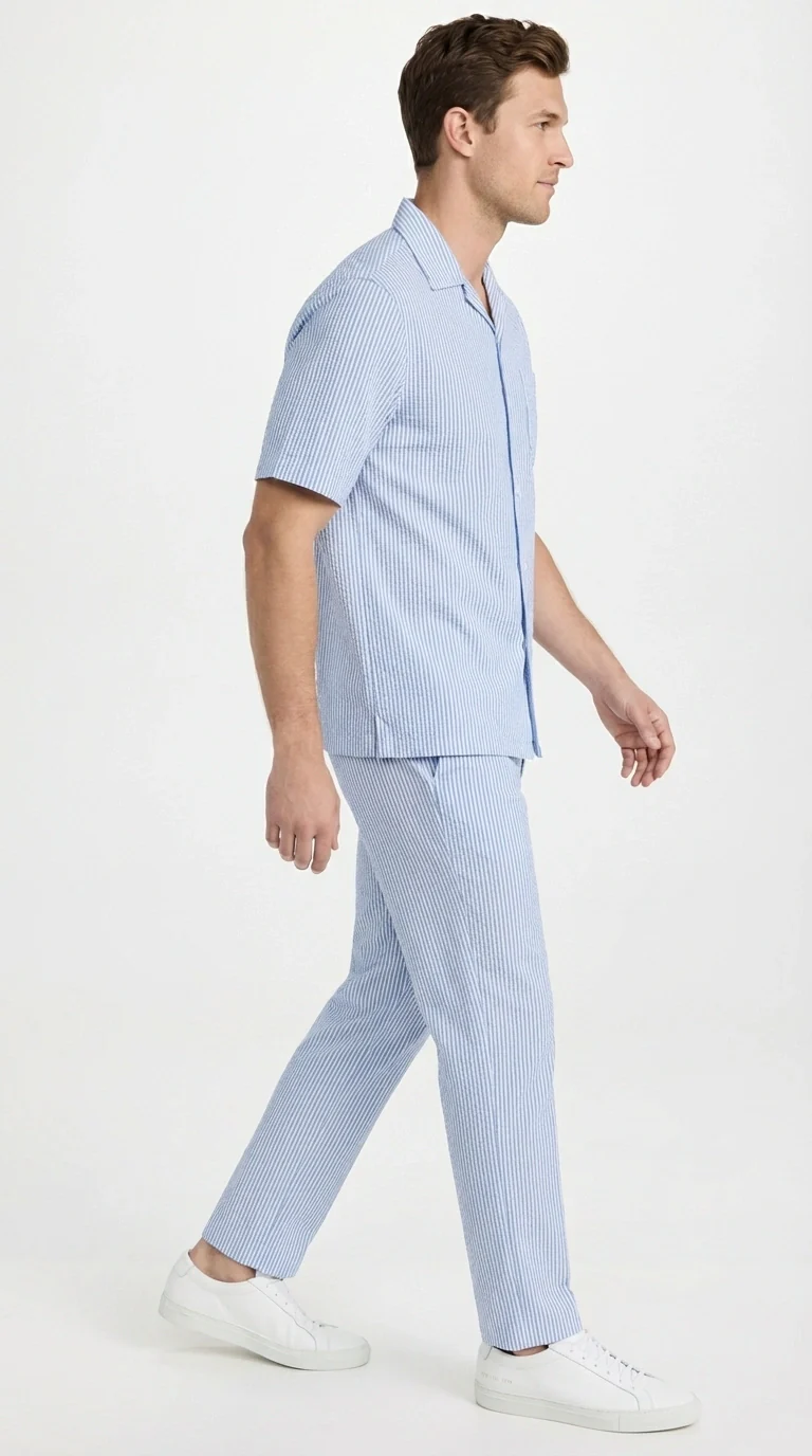 Mens Light Blue Seersucker Walking Suit Set – Casual Summer Short Sleeve Outfit with Matching Pants Lightweight Two Piece Set - Image 5