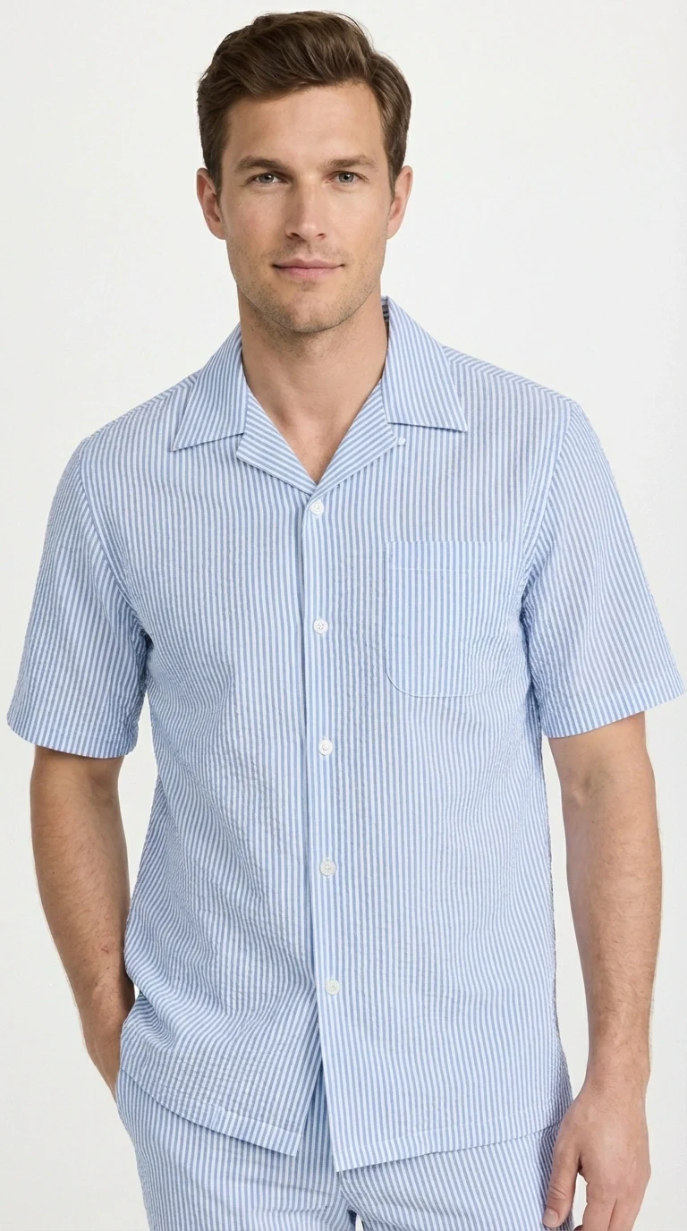 Mens Light Blue Seersucker Walking Suit Set – Casual Summer Short Sleeve Outfit with Matching Pants Lightweight Two Piece Set - Image 6