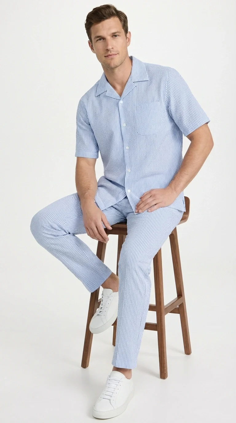 Mens Light Blue Seersucker Walking Suit Set – Casual Summer Short Sleeve Outfit with Matching Pants Lightweight Two Piece Set - Image 7