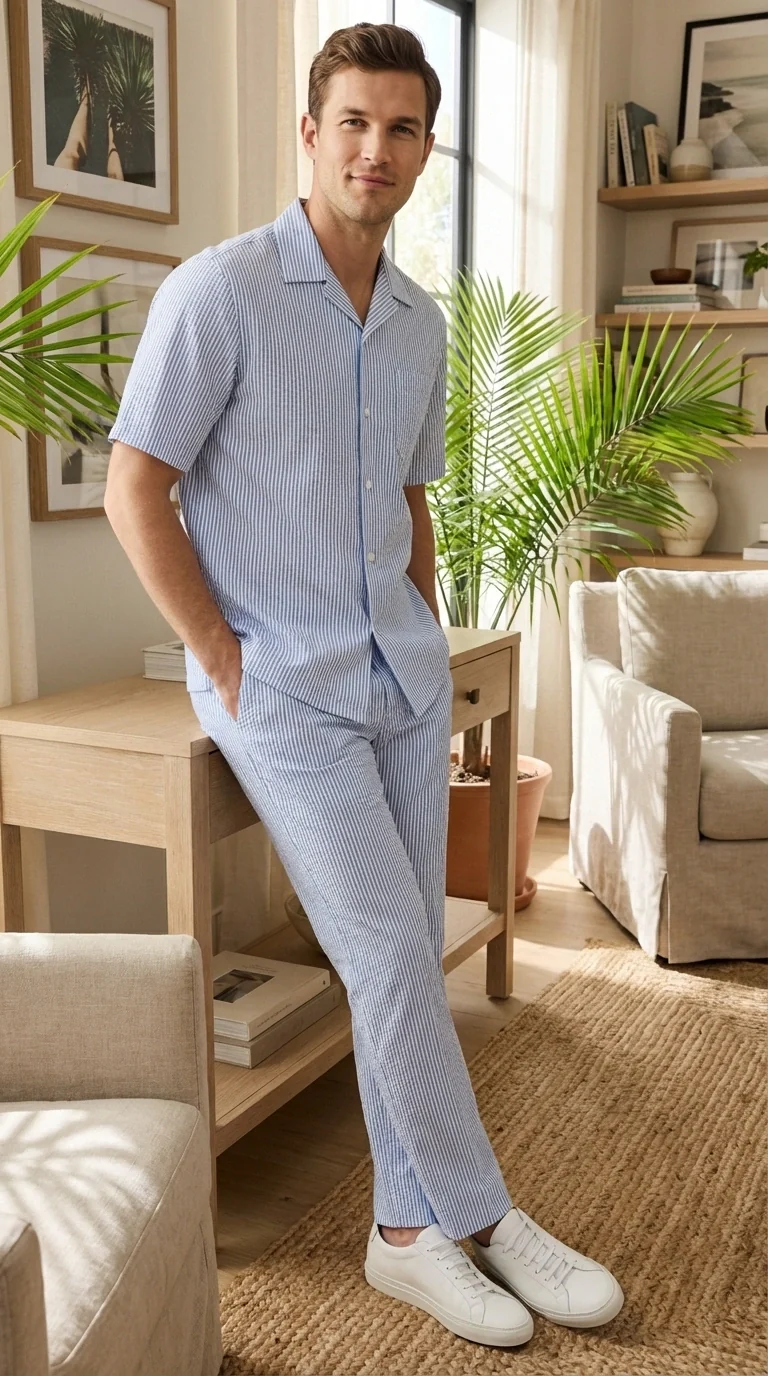 Mens Light Blue Seersucker Walking Suit Set – Casual Summer Short Sleeve Outfit with Matching Pants Lightweight Two Piece Set - Image 8