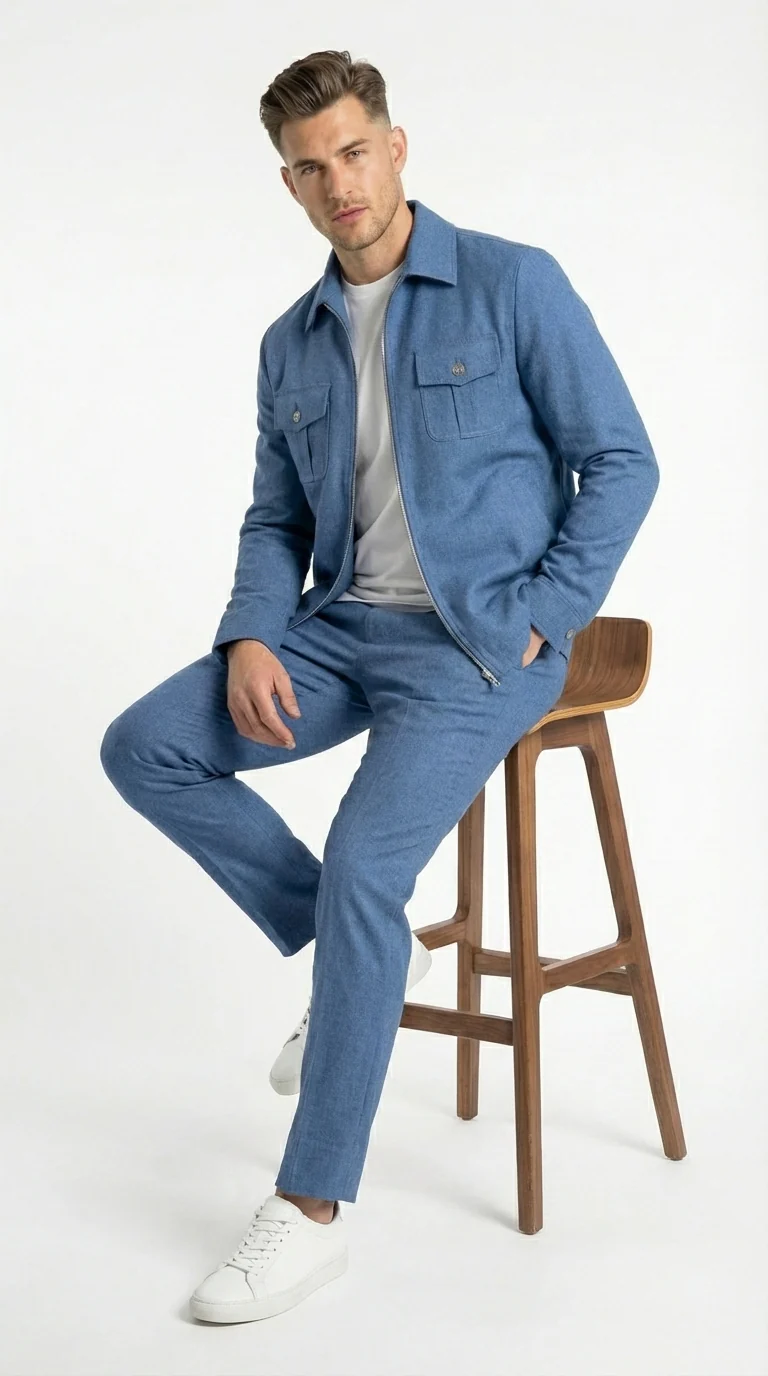 Mens Light Blue Walking Suit Set – Safair Military Casual Jacket and Pants Outfit for Travel, Vacation, Streetwear - Image 4