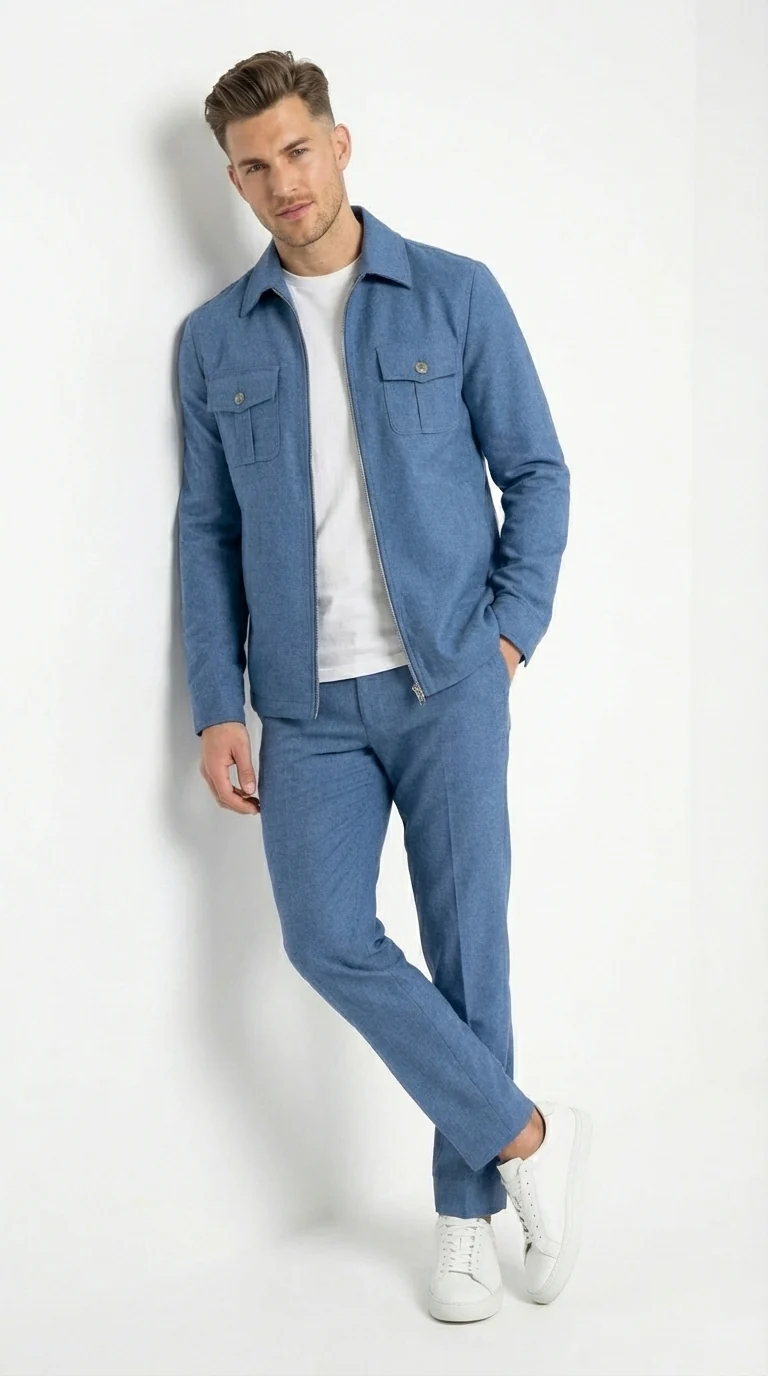 Mens Light Blue Walking Suit Set – Safair Military Casual Jacket and Pants Outfit for Travel, Vacation, Streetwear - Image 6
