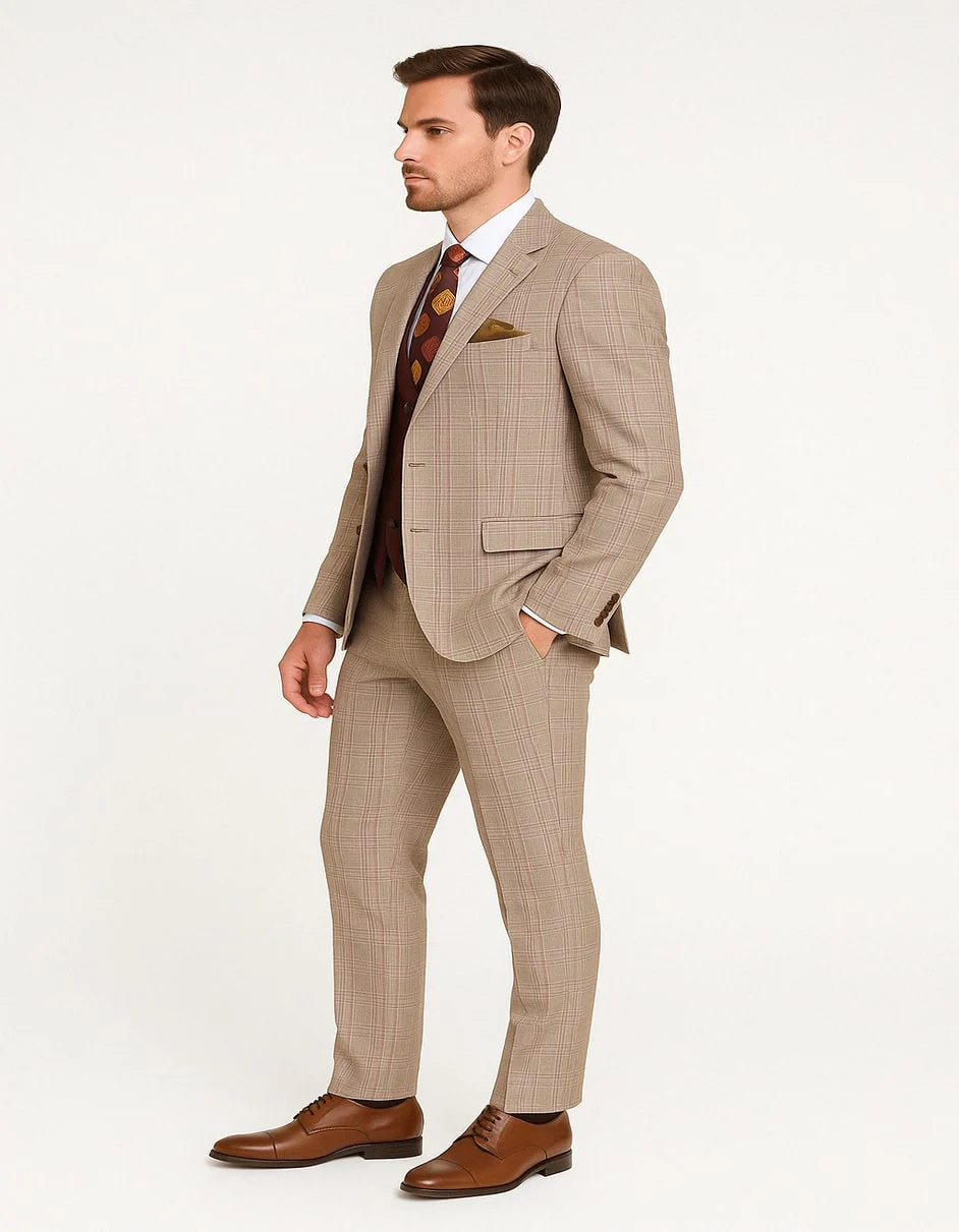 Men's Light Brown Plaid Suit with Burgundy Vest and Colorful Floral Tie ƒ?? 3 Piece Set - Taupe Windowpane Pattern - Image 2