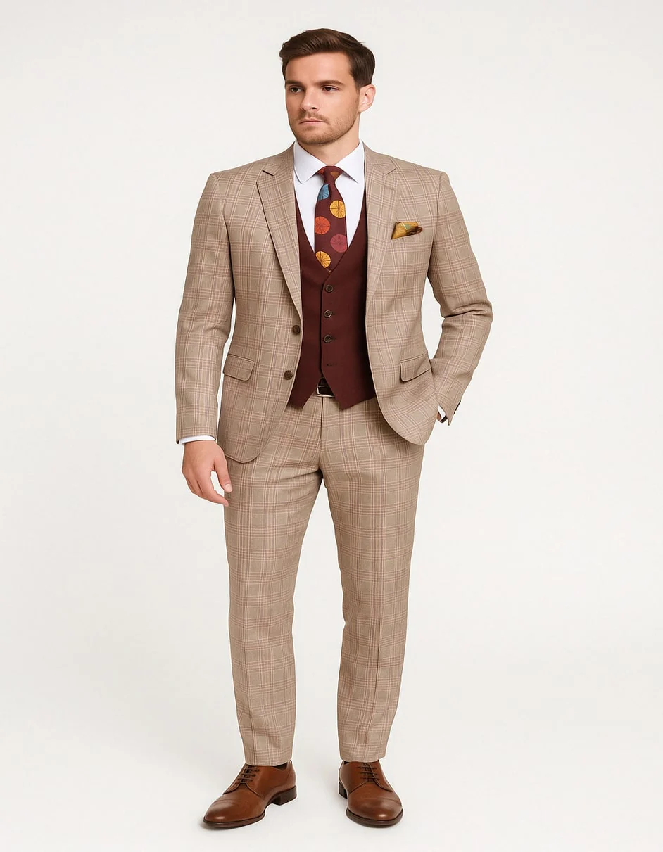 Men's Light Brown Plaid Suit with Burgundy Vest and Colorful Floral Tie ƒ?? 3 Piece Set - Taupe Windowpane Pattern - Image 3