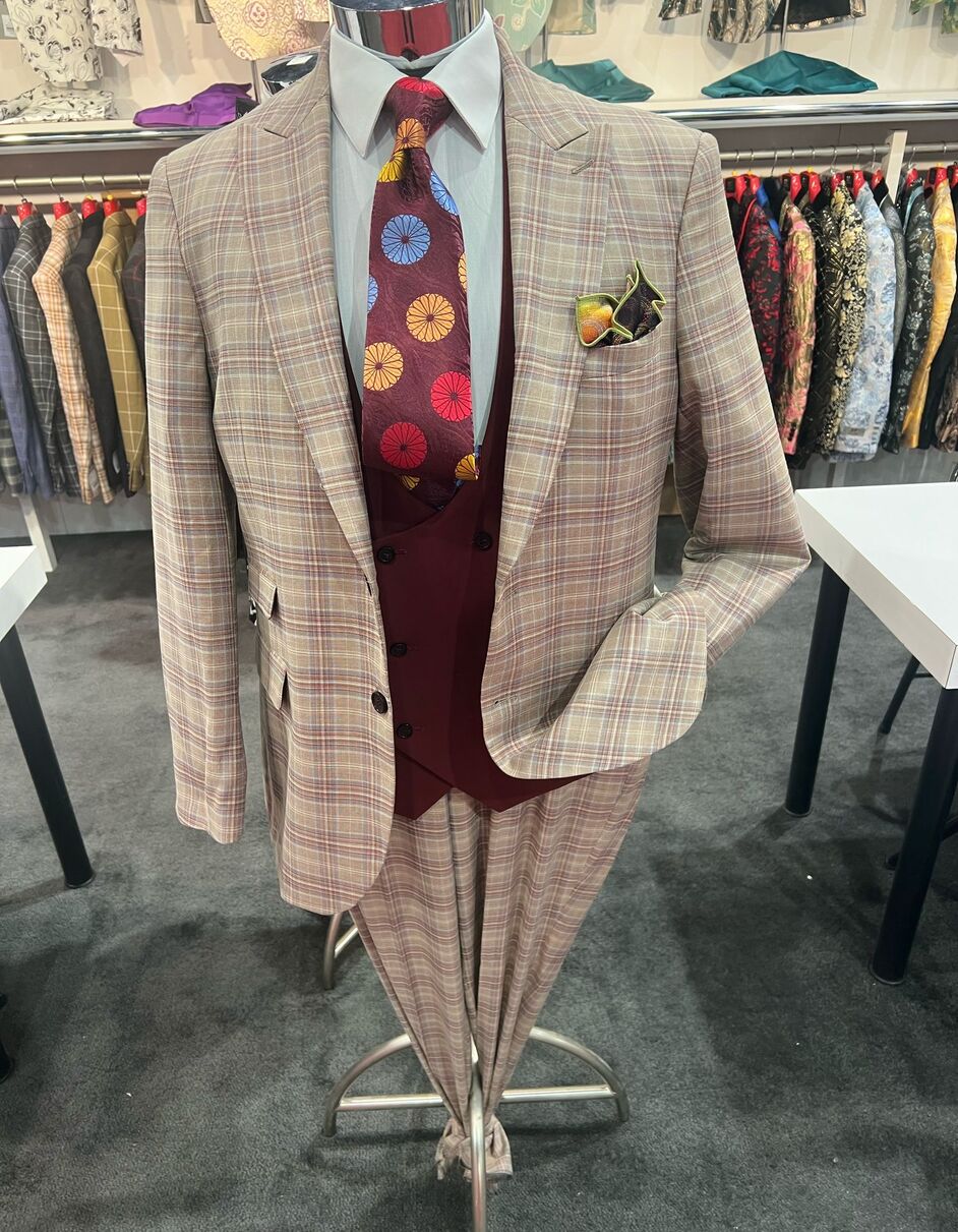 Men's Light Brown Plaid Suit with Burgundy Vest and Colorful Floral Tie ƒ?? 3 Piece Set - Taupe Windowpane Pattern - Image 4