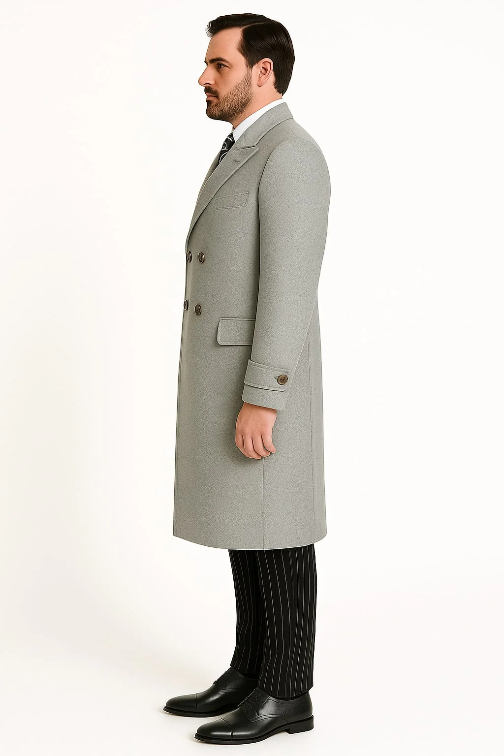 Mens Light Gray Double-Breasted Wool Overcoat – Classic Long Dress Coat for Winter - Image 2