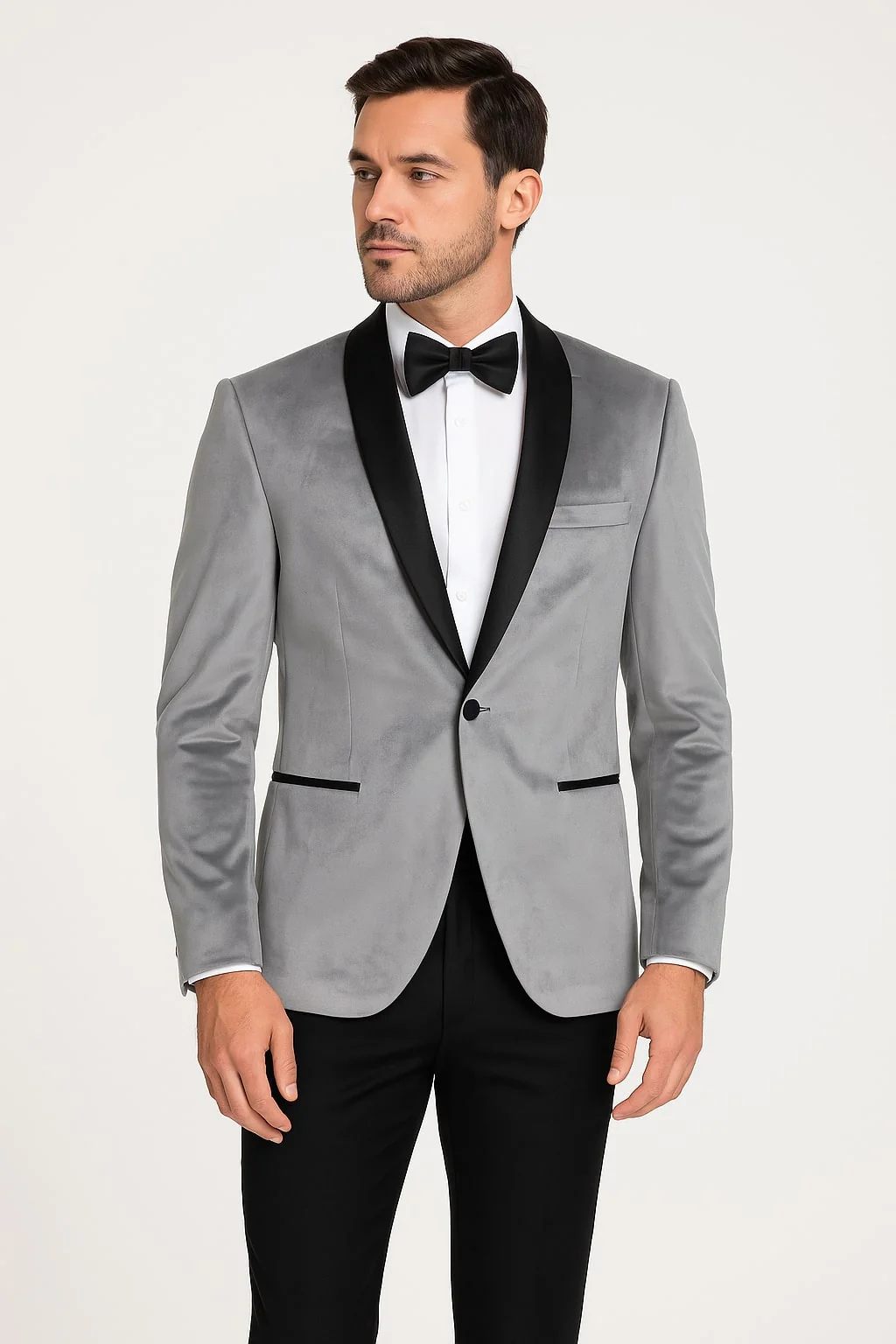 Mens Light Gray Velvet Tuxedo Jacket – Slim Fit Shawl Lapel Formal Blazer + Black Pants Included