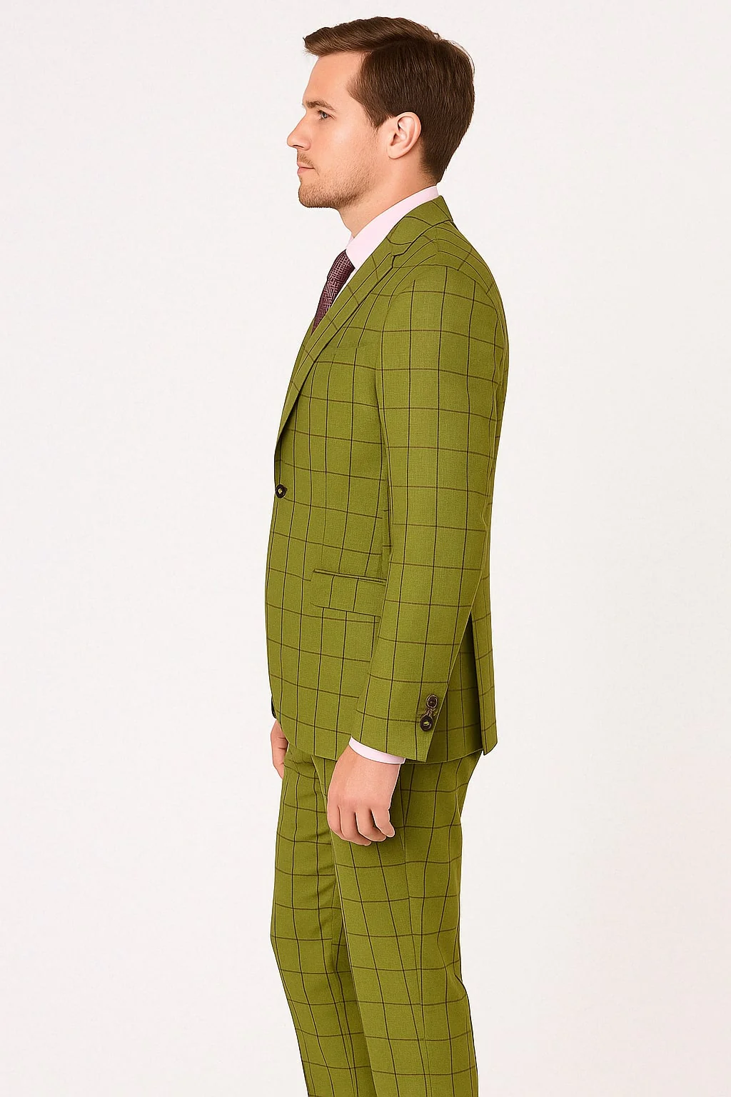 Mens Light Olive Green Three-Piece Plaid Suit with Notch Lapel - Sage Green Windowpane Pattern - Image 2