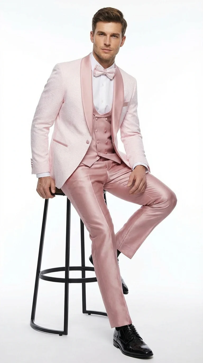Men's Light Pink 3 Piece Tuxedo Suit Set | Shawl Lapel Formal Wedding Prom Dinner Suit in Rose Gold Color - Image 4