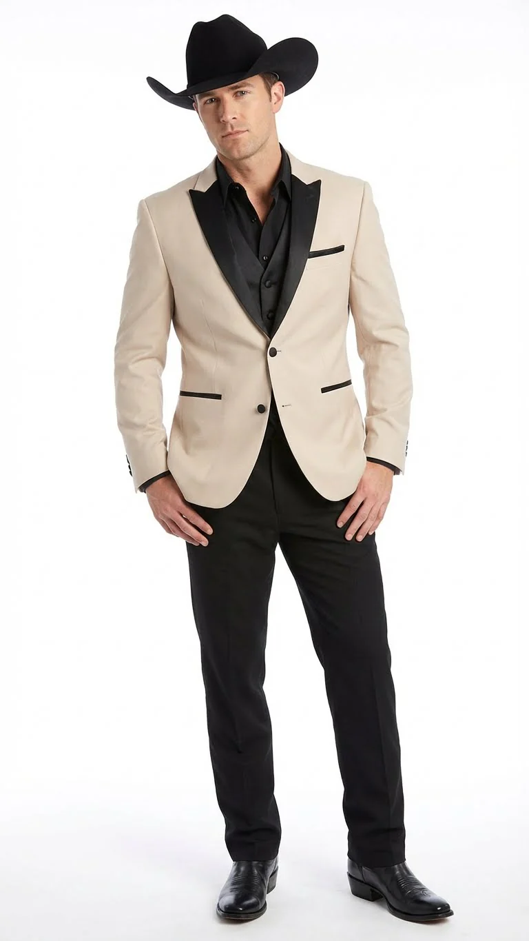 Men's Light Tan and Black Lapel Western Tuxedo Suit Set Wedding Party Cowboy Dress Tuxedo Black Pants