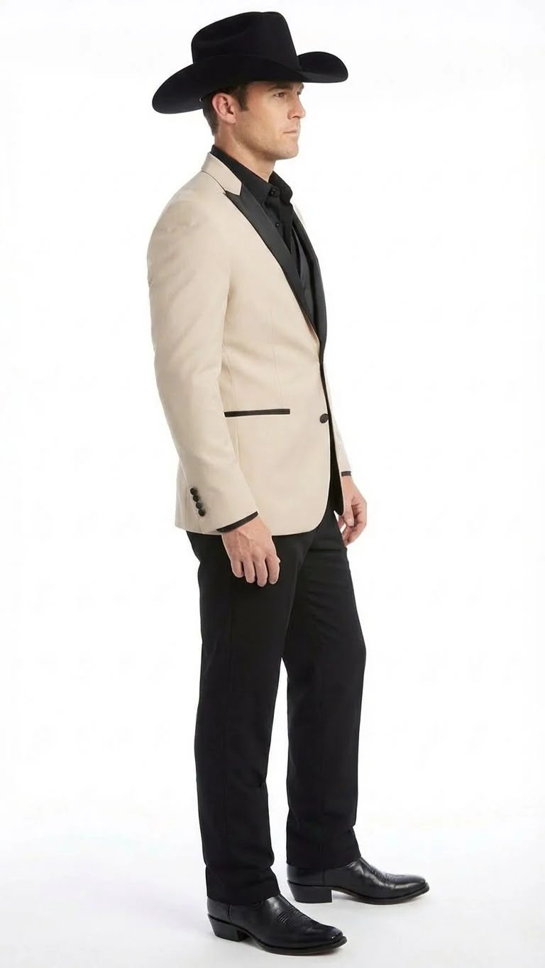 Men's Light Tan and Black Lapel Western Tuxedo Suit Set Wedding Party Cowboy Dress Tuxedo Black Pants - Image 3