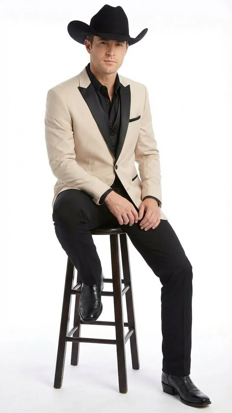 Men's Light Tan and Black Lapel Western Tuxedo Suit Set Wedding Party Cowboy Dress Tuxedo Black Pants - Image 4