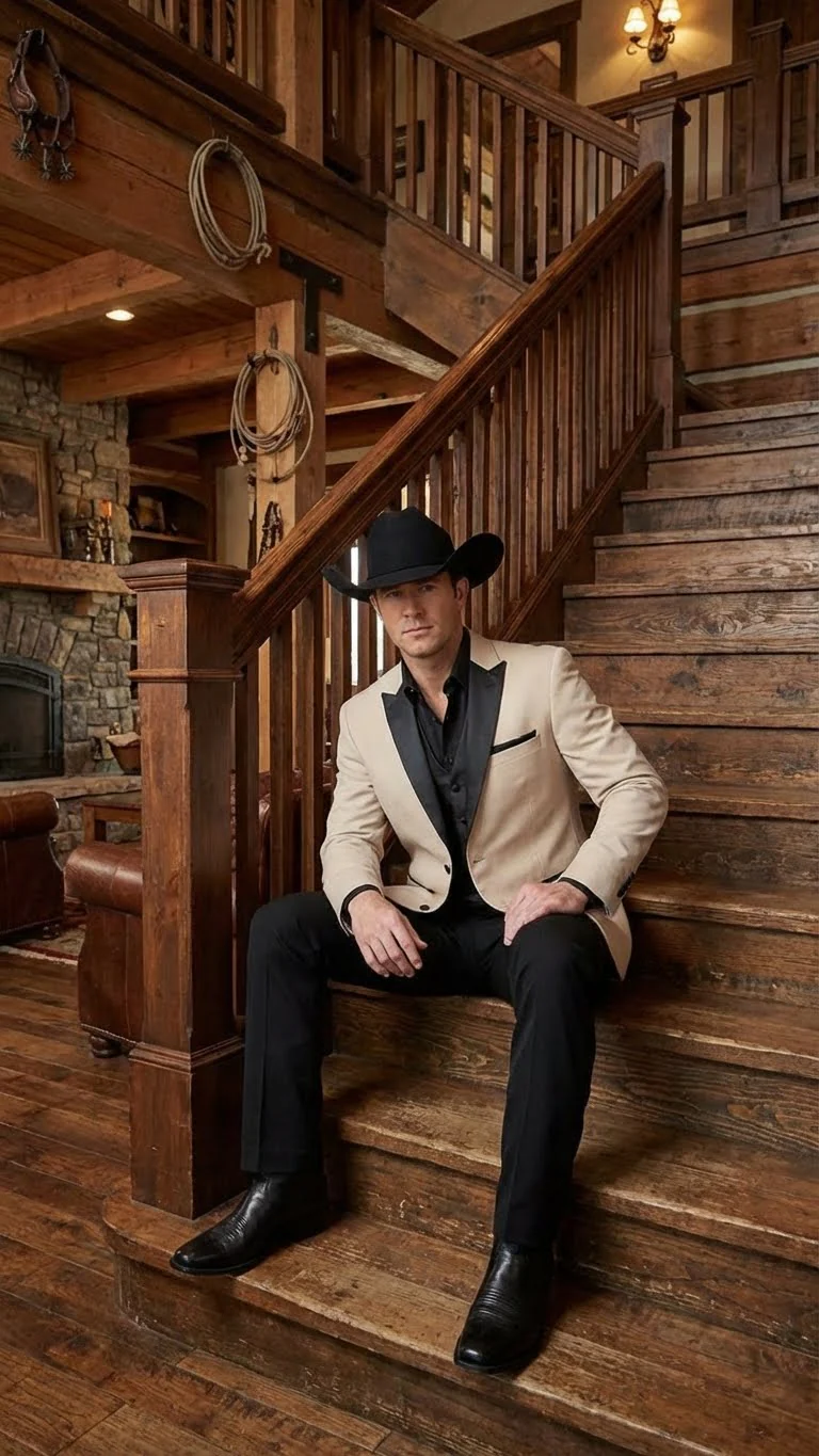 Men's Light Tan and Black Lapel Western Tuxedo Suit Set Wedding Party Cowboy Dress Tuxedo Black Pants - Image 8