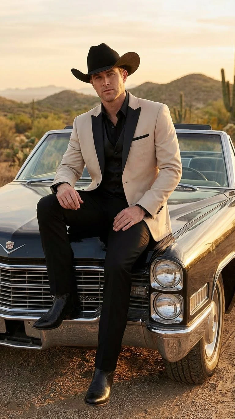 Men's Light Tan and Black Lapel Western Tuxedo Suit Set Wedding Party Cowboy Dress Tuxedo Black Pants - Image 9