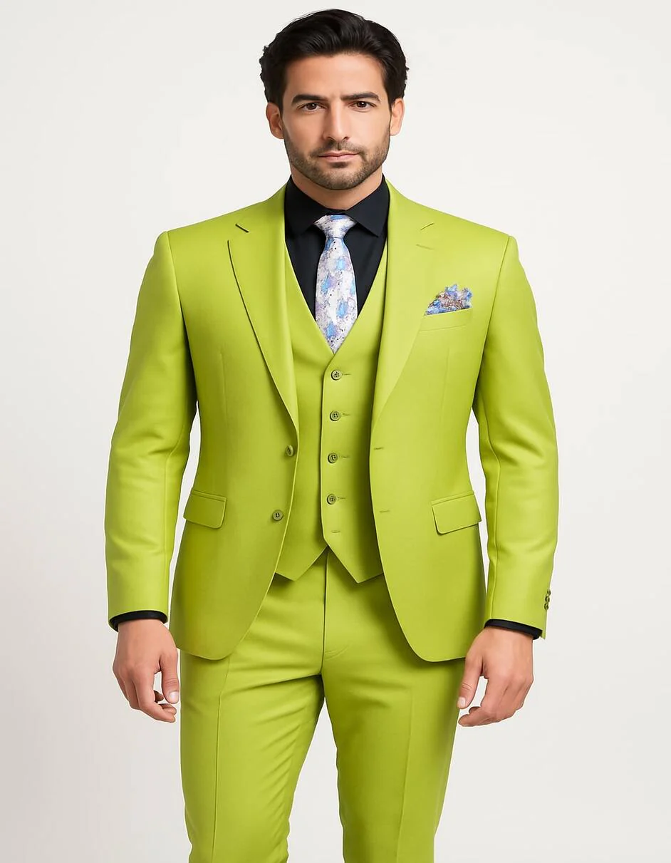 Men's Lime Green Three-Piece Suit with Floral Tie ƒ?? Slim Fit Tuxedo for Weddings & Parties - Image 3