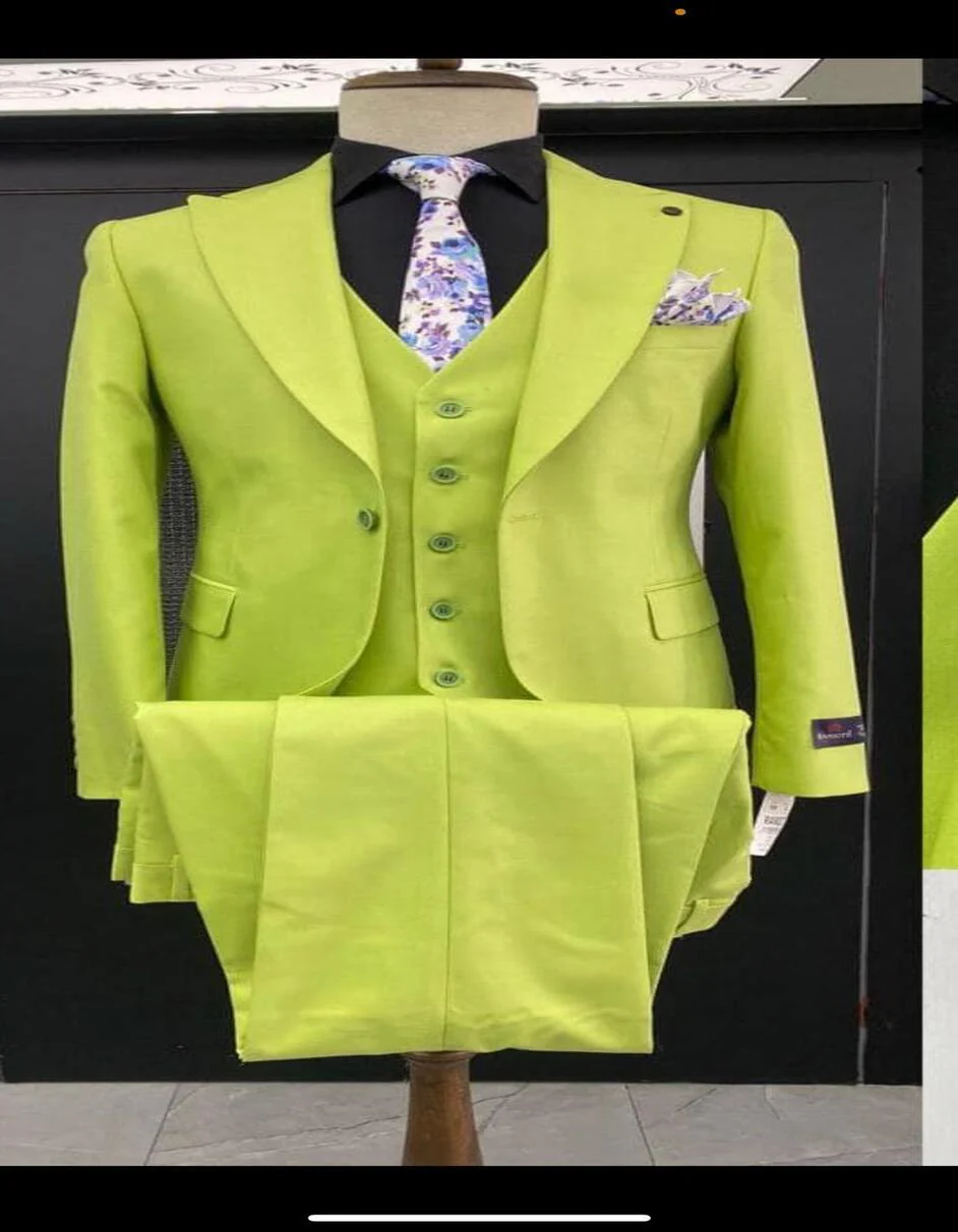 Men's Lime Green Three-Piece Suit with Floral Tie ƒ?? Slim Fit Tuxedo for Weddings & Parties - Image 5