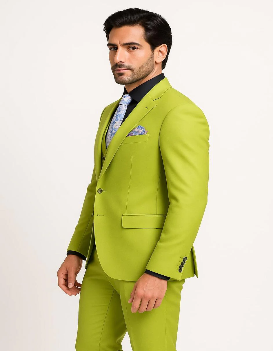 Men's Lime Green Three-Piece Suit with Floral Tie ƒ?? Slim Fit Tuxedo for Weddings & Parties - Image 6