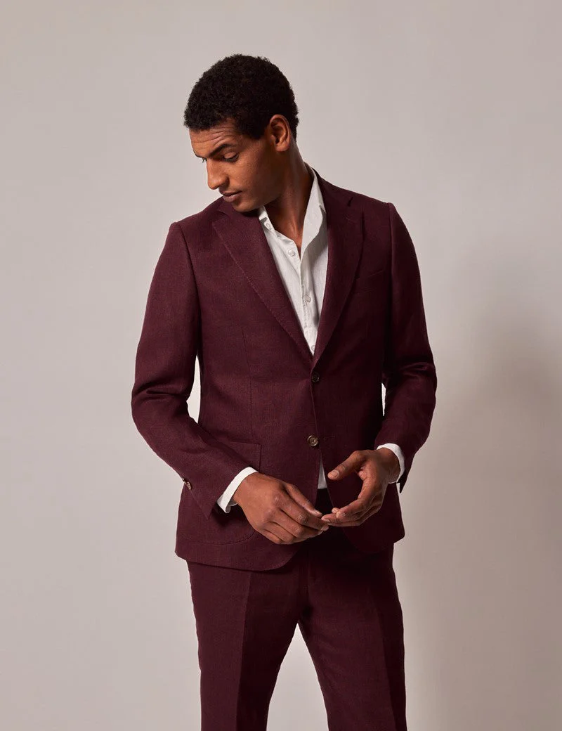 Mens Linen Suit For Beach Wedding - Summer Suit in Burgundy - Image 2