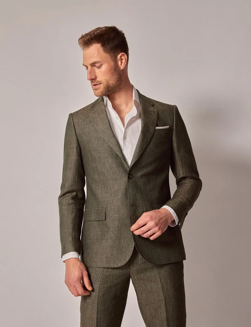 Mens Linen Suit For Beach Wedding - Summer Suit in Dark Green - Image 3