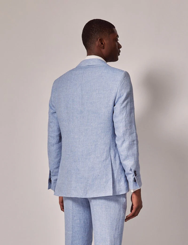 Mens Linen Suit For Beach Wedding - Summer  Suit in Light Blue Herringbone - Image 2