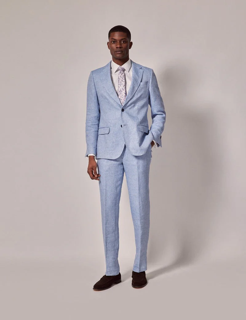 Mens Linen Suit For Beach Wedding - Summer  Suit in Light Blue Herringbone - Image 3