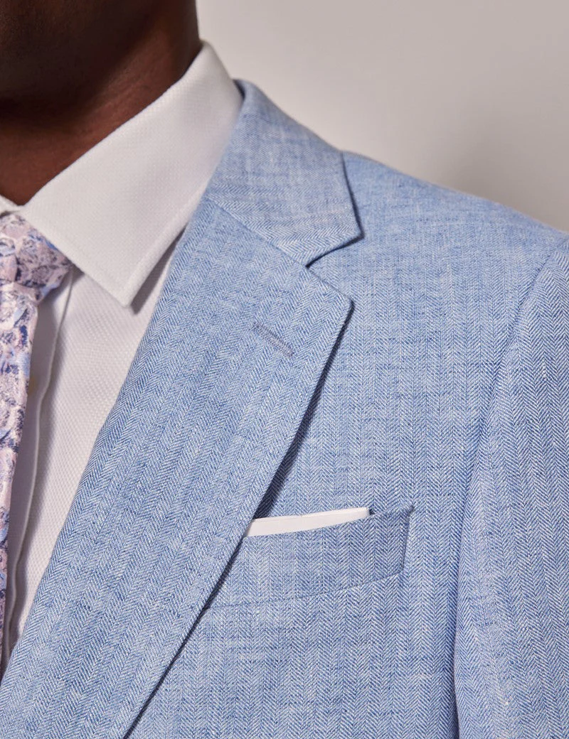Mens Linen Suit For Beach Wedding - Summer  Suit in Light Blue Herringbone - Image 6