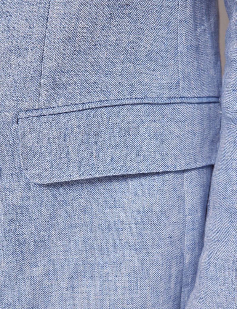 Mens Linen Suit For Beach Wedding - Summer  Suit in Light Blue Herringbone - Image 7