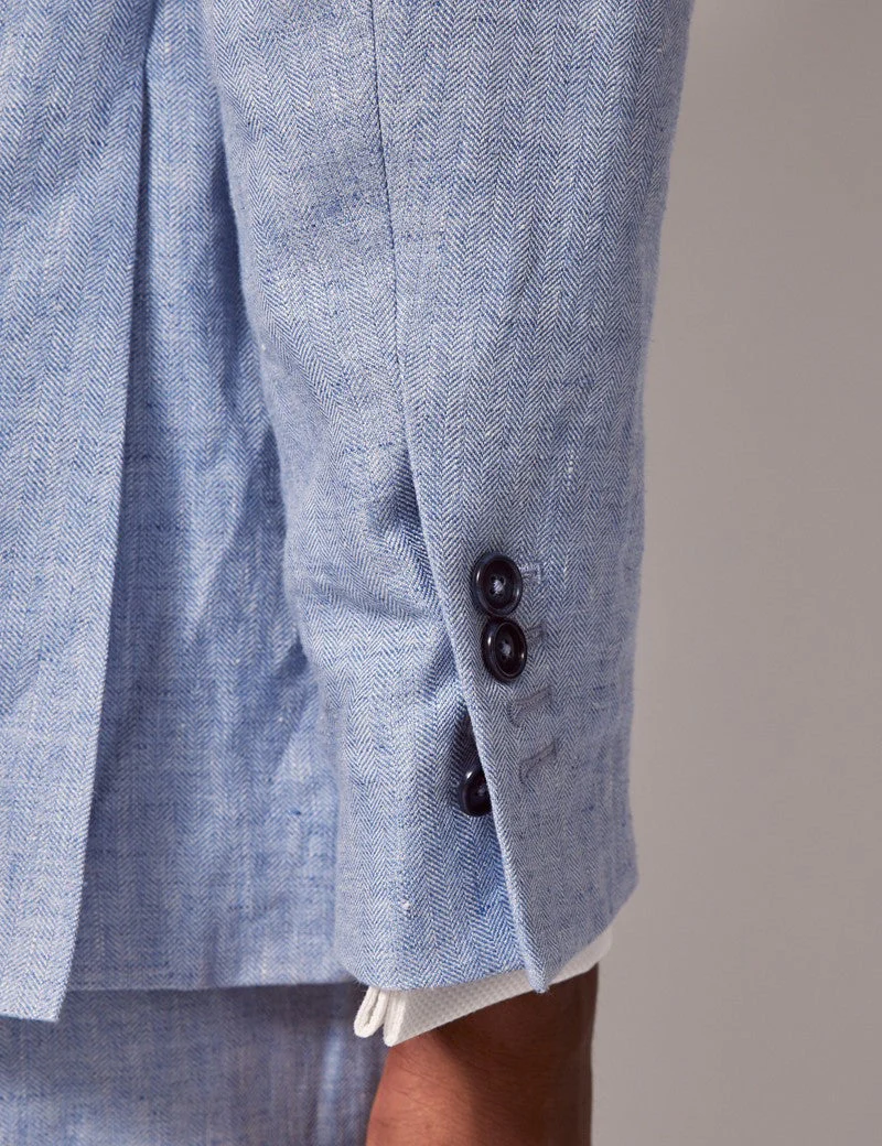 Mens Linen Suit For Beach Wedding - Summer  Suit in Light Blue Herringbone - Image 9