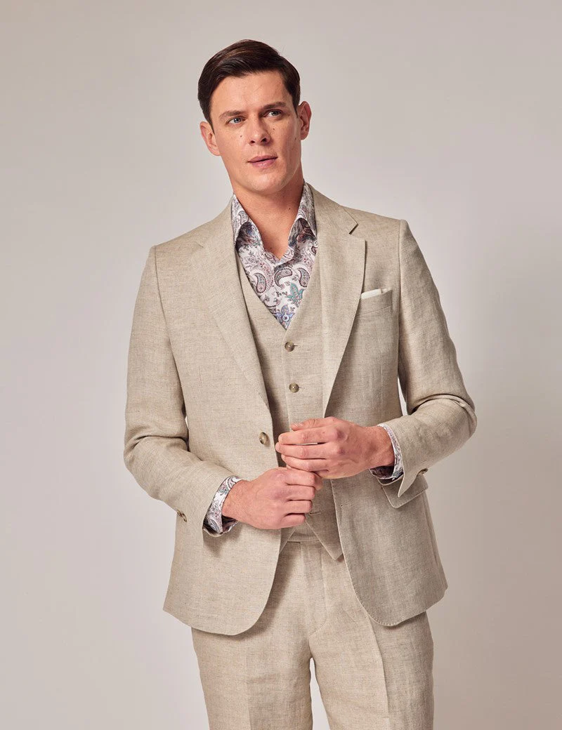 Mens Linen Suit For Beach Wedding - Summer  Suit in Natural Herringbone - Image 2