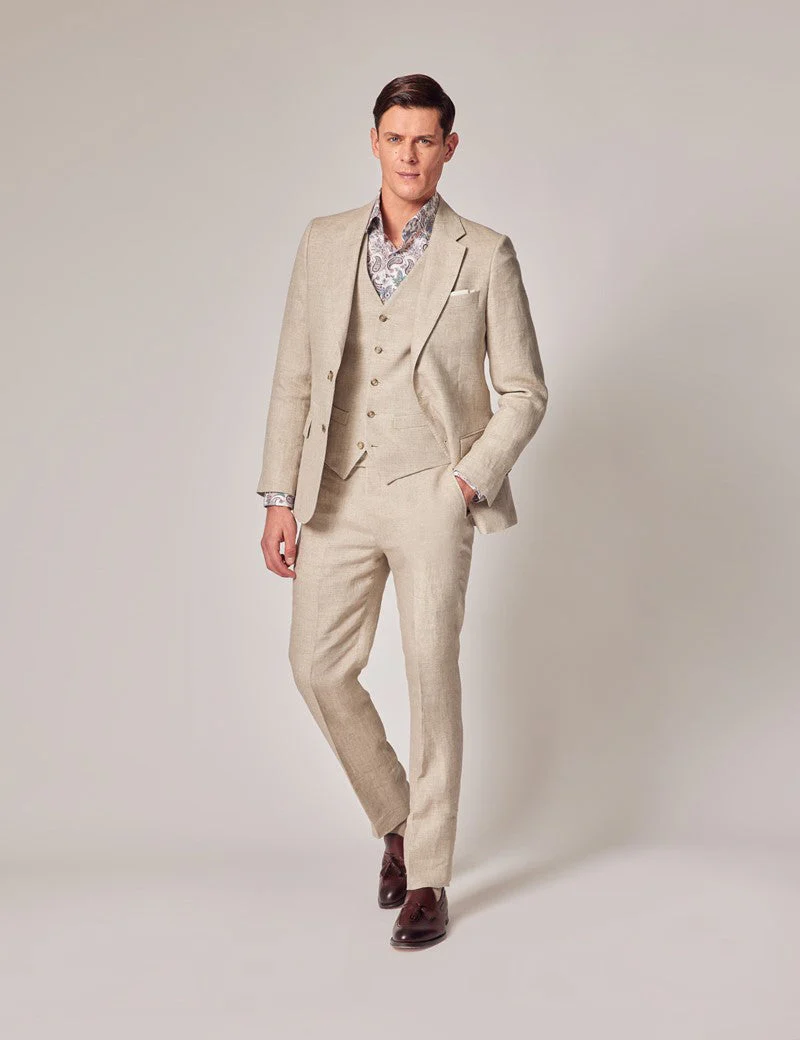 Mens Linen Suit For Beach Wedding - Summer  Suit in Natural Herringbone - Image 3