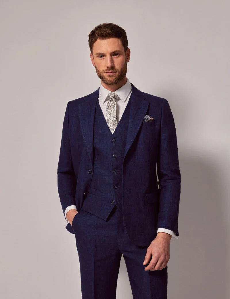 Mens Linen Suit For Beach Wedding - Summer  Suit in Royal Blue Herringbone - Image 2