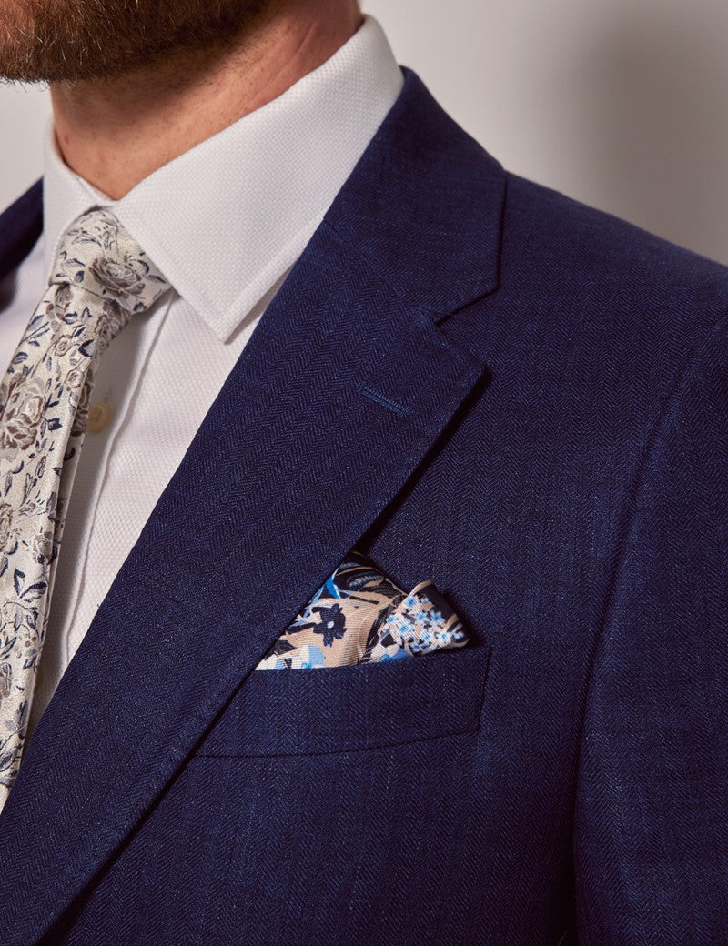 Mens Linen Suit For Beach Wedding - Summer  Suit in Royal Blue Herringbone - Image 3