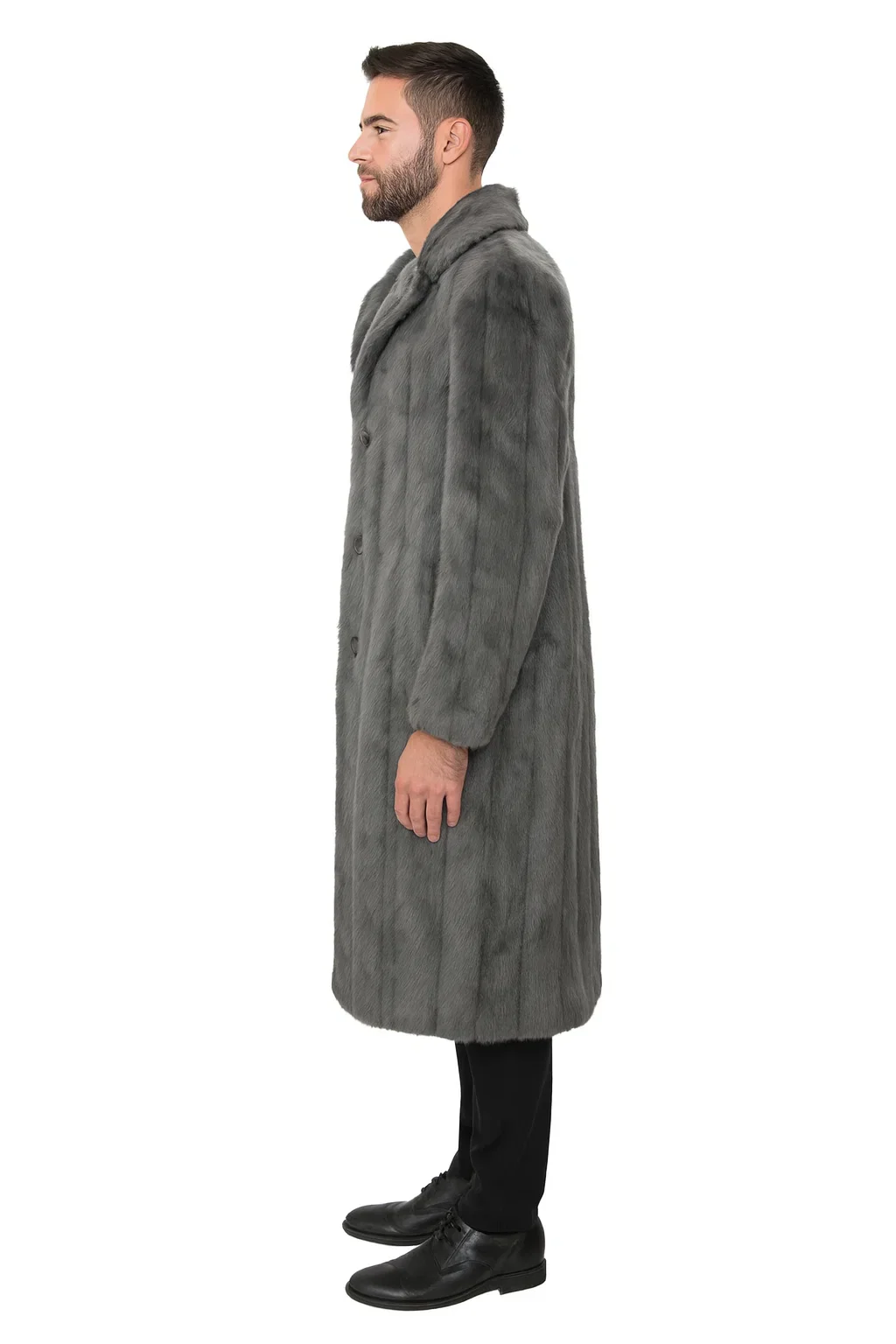 Mens Long Full Length Faur Fur Coat in Grey - Image 3